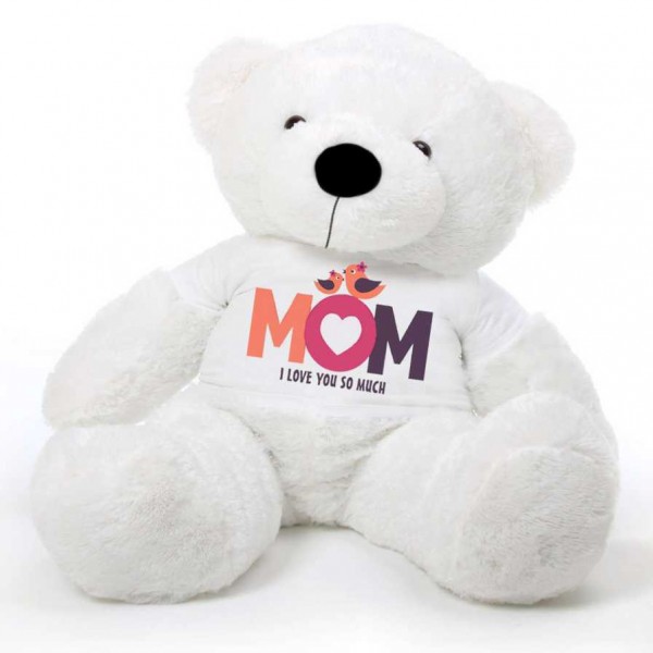 White 5 feet Big Teddy Bear wearing a Mom I Love You So Much T-shirt